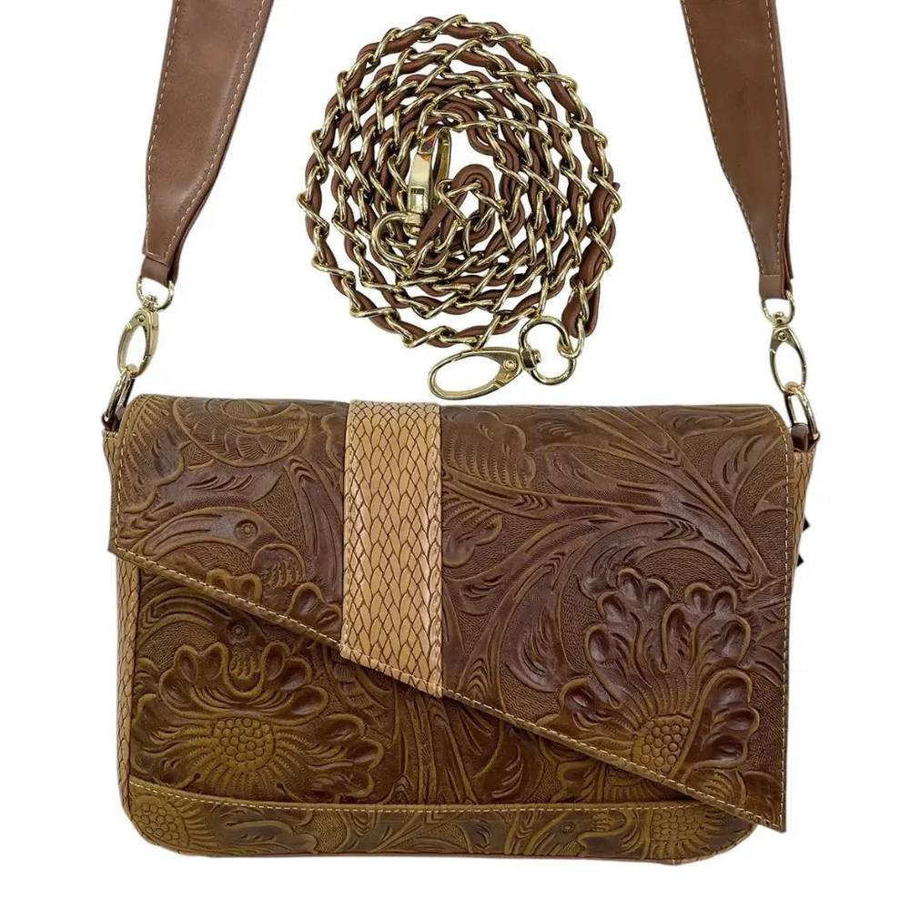2 Straps Hazelnut Brown Embossed Tooled Artisan LEATHER Crossbody Purse Bolsa - Picture 2 of 16